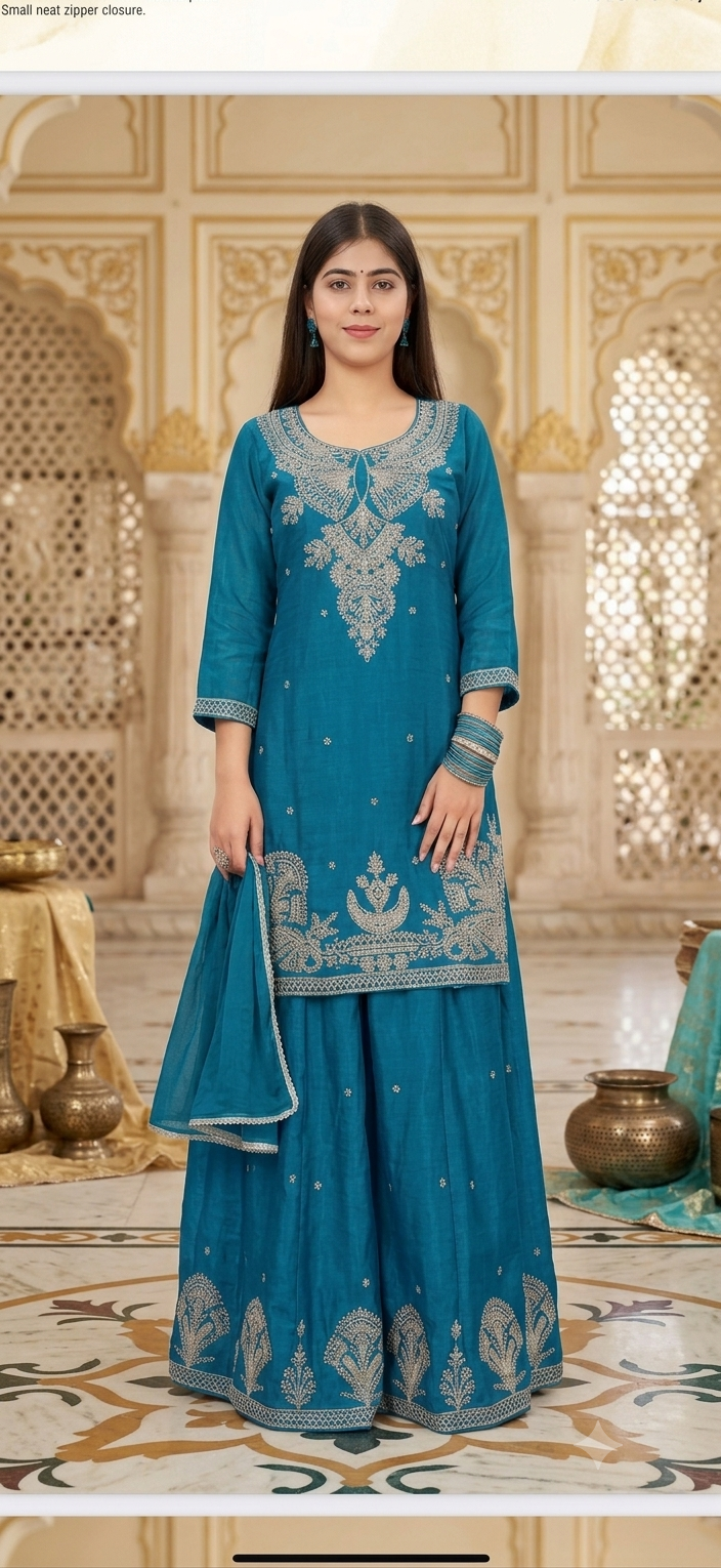 Royal Teal Embroidered Kurta Sharara Set with Dupatta | Festive & Wedding Ethnic Wear for Women