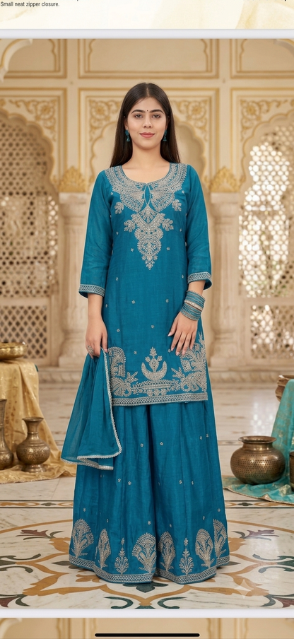 Royal Teal Embroidered Kurta Sharara Set with Dupatta | Festive & Wedding Ethnic Wear for Women