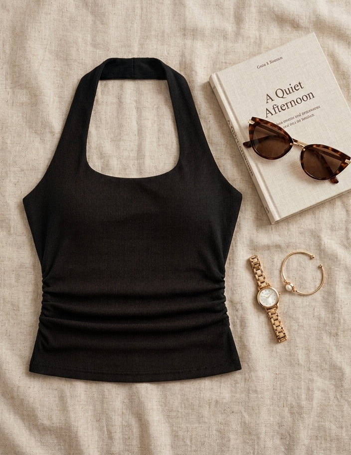 Elegant Ribbed Halter Neck Sleeveless Fitted Crop Top