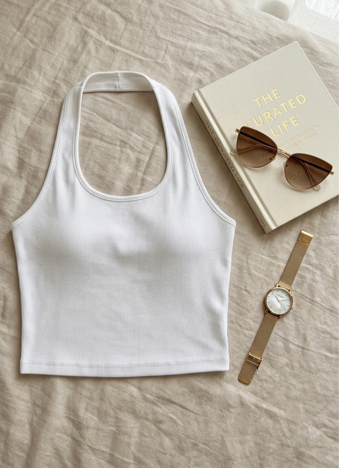 Elegant Ribbed Halter Neck Sleeveless Fitted Crop Top
