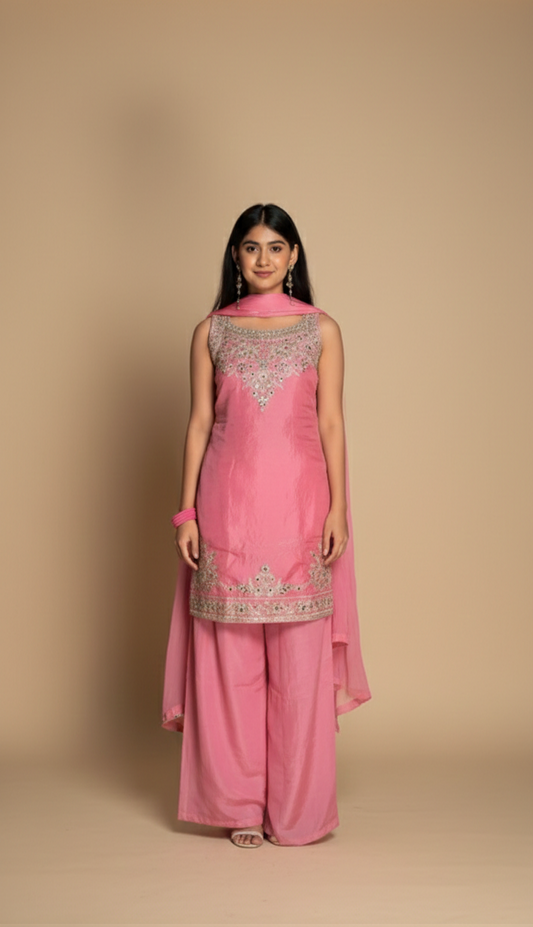 Blush Pink Embroidered Shrara Set with Dupatta – Elegant Festive Wear for Women