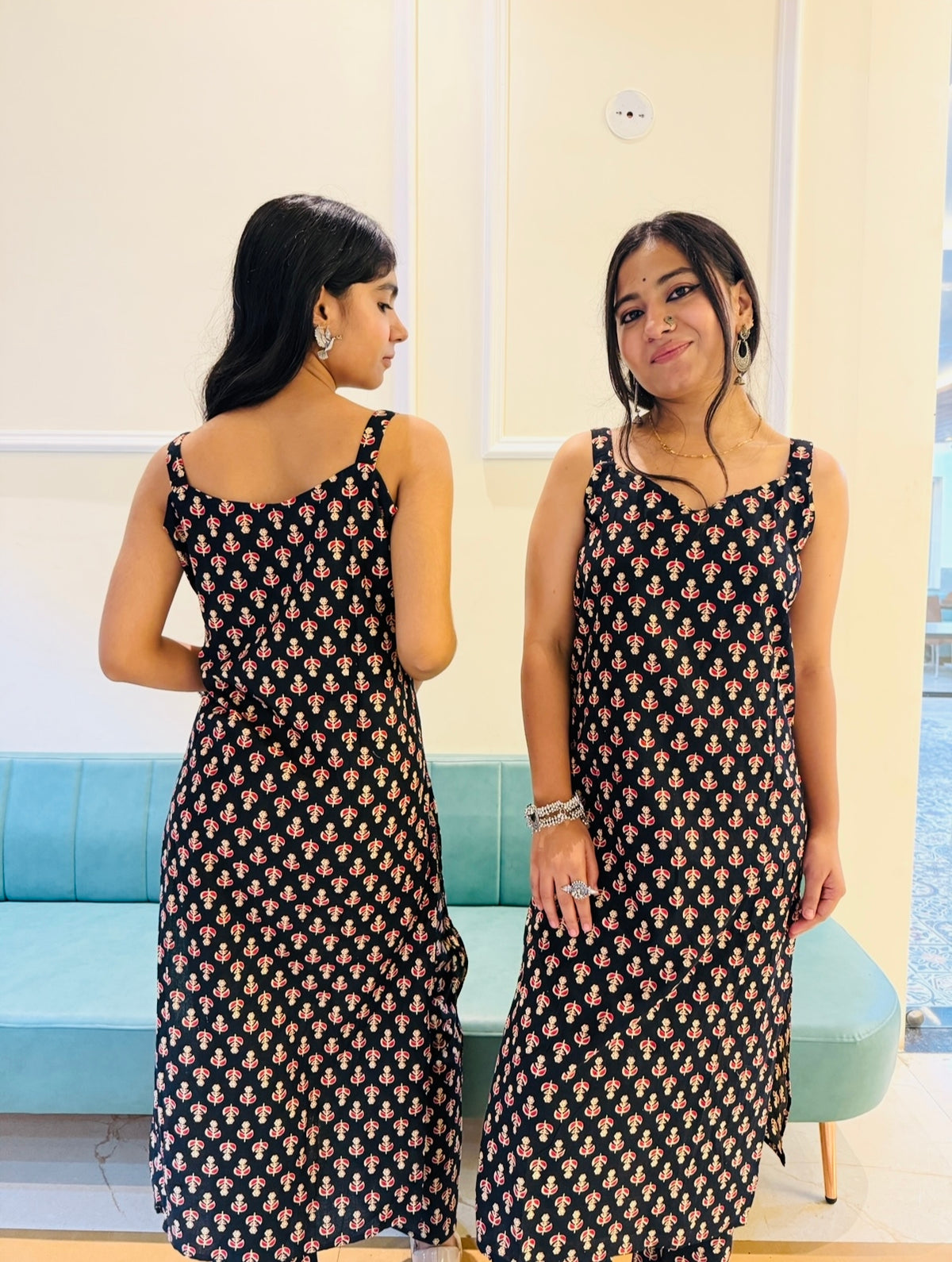Handcrafted Cotton Kurta Set – Black Block Print Strappy Kurta with Matching Pants