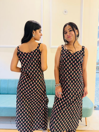 Handcrafted Cotton Kurta Set – Black Block Print Strappy Kurta with Matching Pants