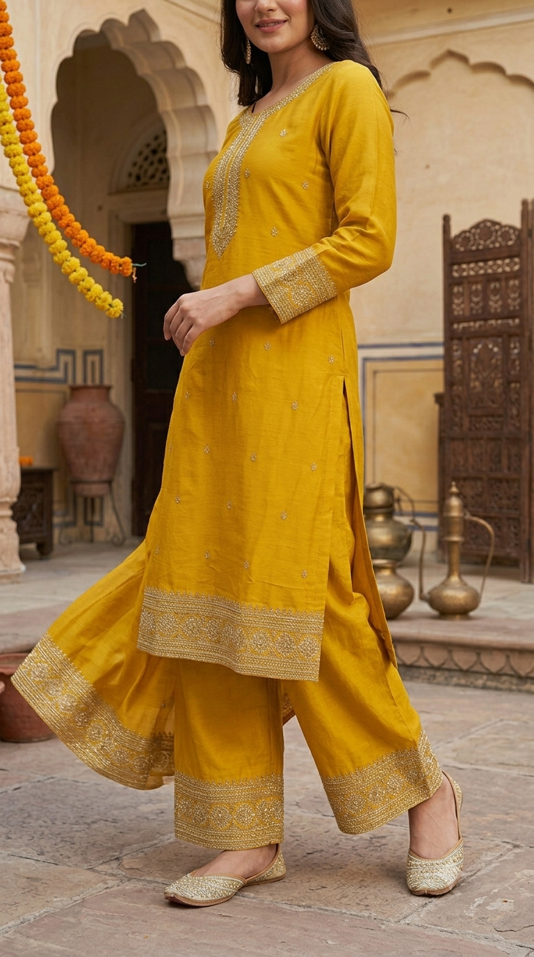 Zarika Mustard Embroidered Kurta Palazzo Set with Dupatta