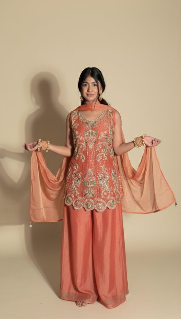 Women's Peach Coral Embroidered Shrara Set with Wide-Leg Palazzo & Dupatta Set | Festive Wear