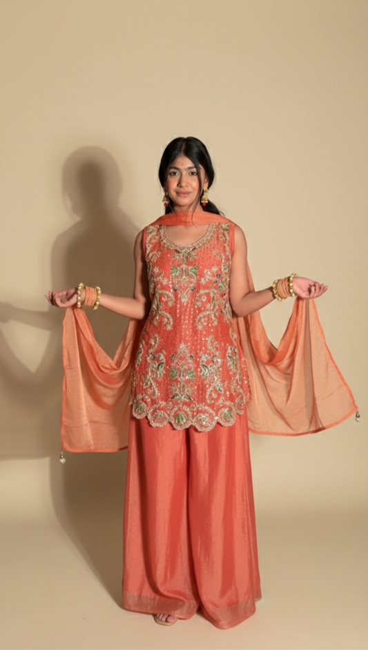 Women's Peach Coral Embroidered Shrara Set with Wide-Leg Palazzo & Dupatta Set | Festive Wear