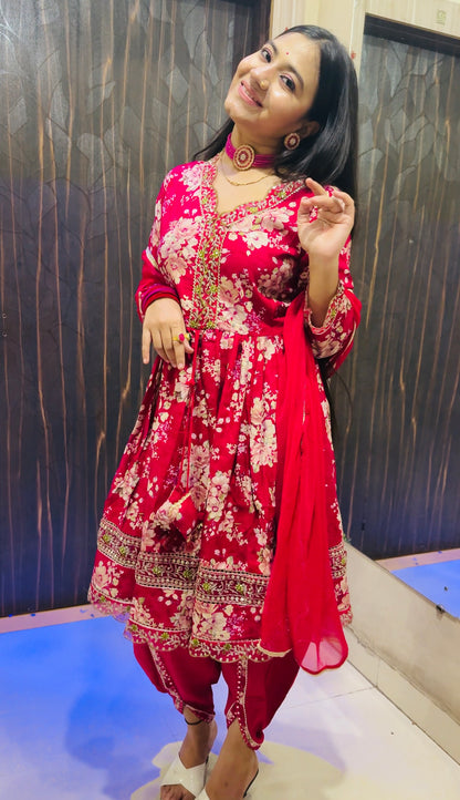 Floral Printed Cotton Short Kurti with Dhoti