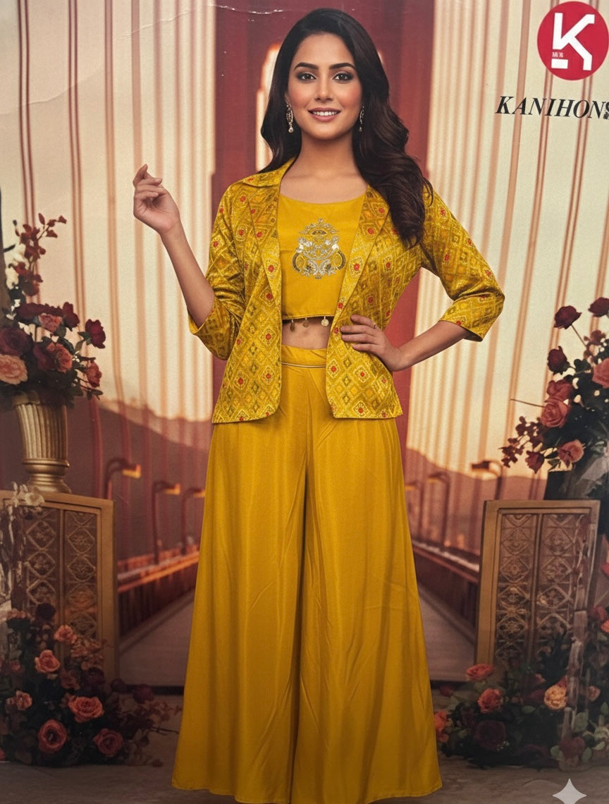 Yellow Crimson Embroidered Shrara Set  with Geometric Printed Jacket