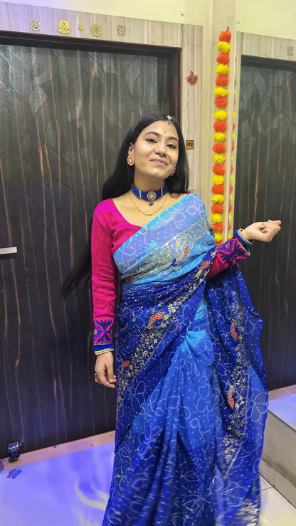 Royal Bandhani Georgette Saree with Golden Embroidery & Contrast Detailing
