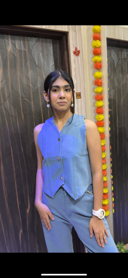 Women’s Light Blue Denim Co-ord Set – Sleeveless Buttoned Vest & Straight-Fit Pants