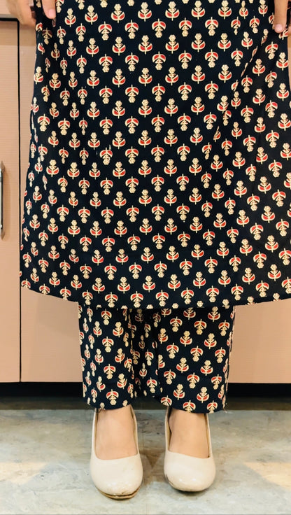 Handcrafted Cotton Kurta Set – Black Block Print Strappy Kurta with Matching Pants