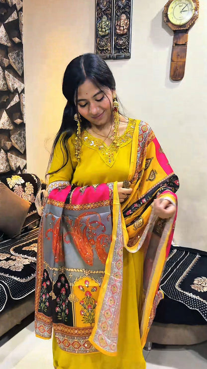 Sunshine Bloom Yellow Anarkali Set with Multicolor Printed Dupatta