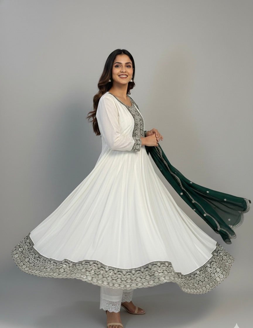 Embroidered Anarkali Suit Set with Scalloped Dupatta