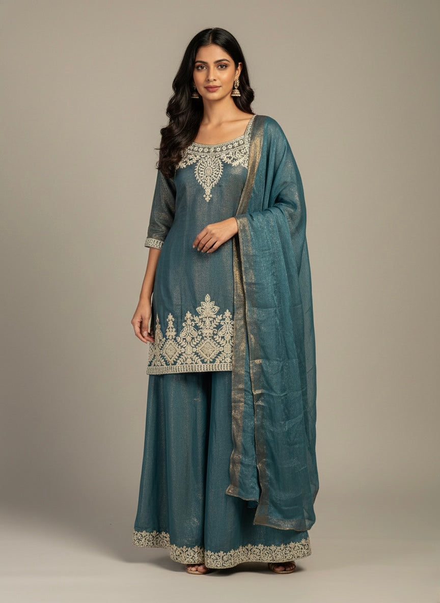 Mauve Silk Embroidered Sharara Suit with Zari Work & Matching Dupatta