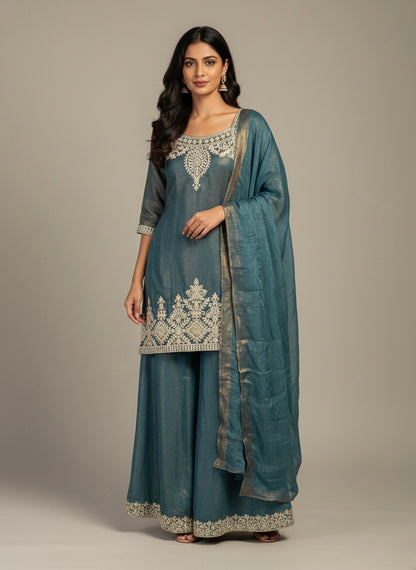 Mauve Silk Embroidered Sharara Suit with Zari Work & Matching Dupatta