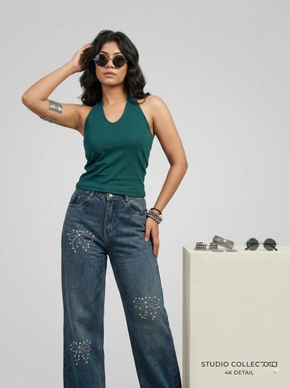High-Waisted Straight Wide-Leg Denim with Pearl & Stitch Bow Accents