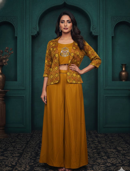 Yellow Crimson Embroidered Shrara Set  with Geometric Printed Jacket
