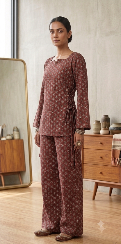 Women's Brown Printed Co-Ord Set | Full Sleeve Side Tie Top with Wide Leg Pants | Ethnic Casual Wear