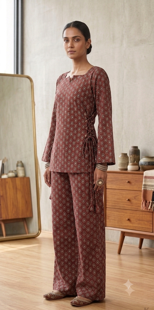 Women's Brown Printed Co-Ord Set | Full Sleeve Side Tie Top with Wide Leg Pants | Ethnic Casual Wear