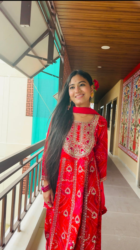 Rani Red Bandhej Mirror Work Anarkali Suit | Festive Ethnic Elegance