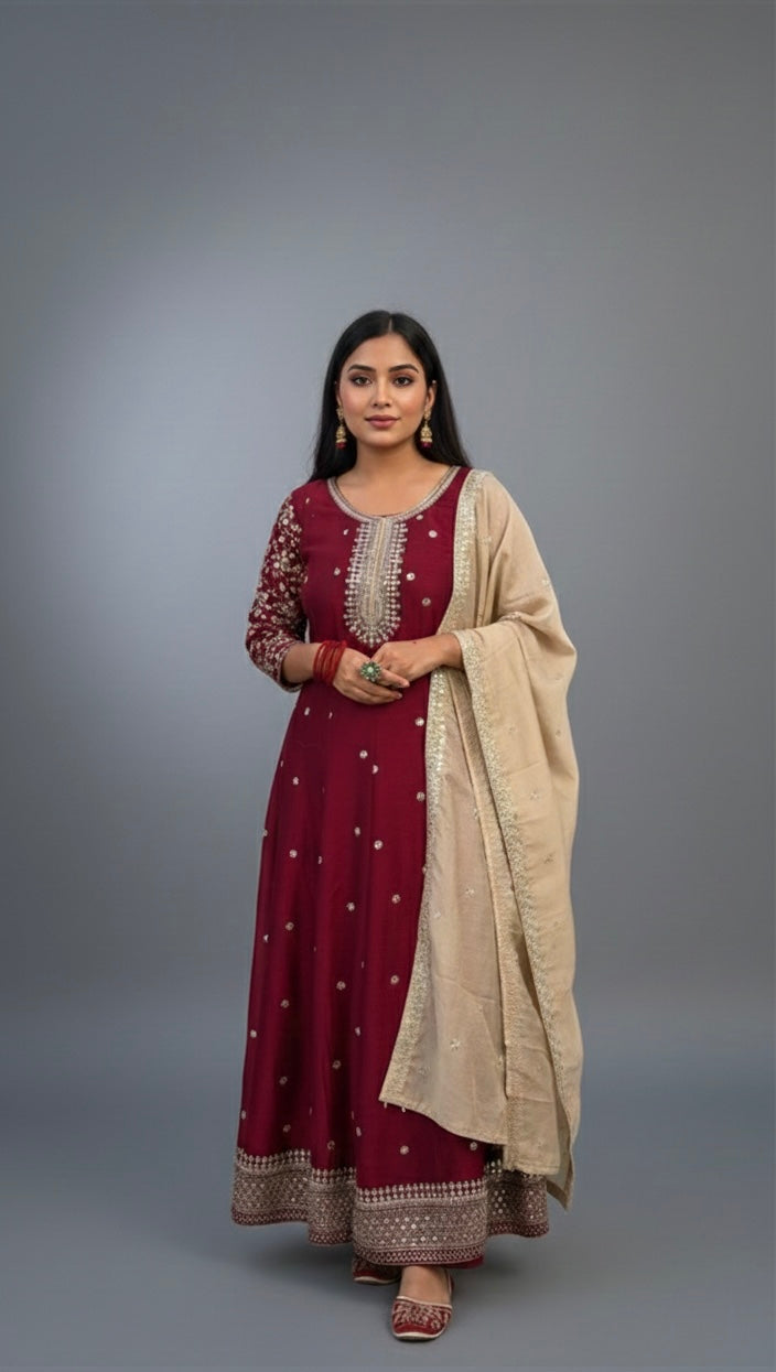 Ethnic Embroidered Anarkali Kurta Set with Dupatta
