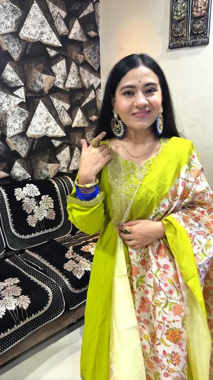 Lime Glow Embroidered Anarkali Set with Floral Dupatta