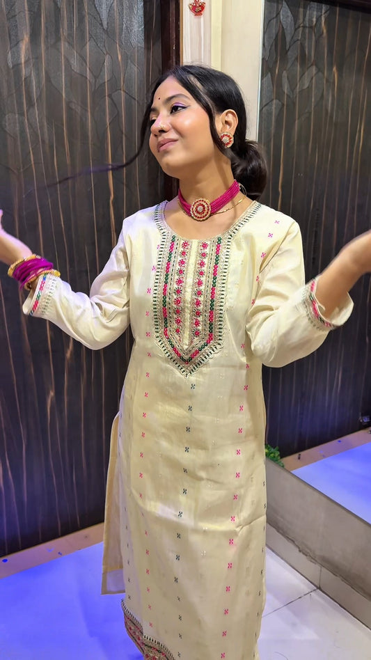 Elegant Cream Ethnic Suit with Multicolor Embroidery & Dupatta