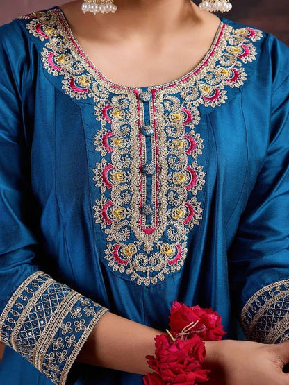Royal Teal Silk Anarkali Suit with Floral Organza Embroidered Dupatta