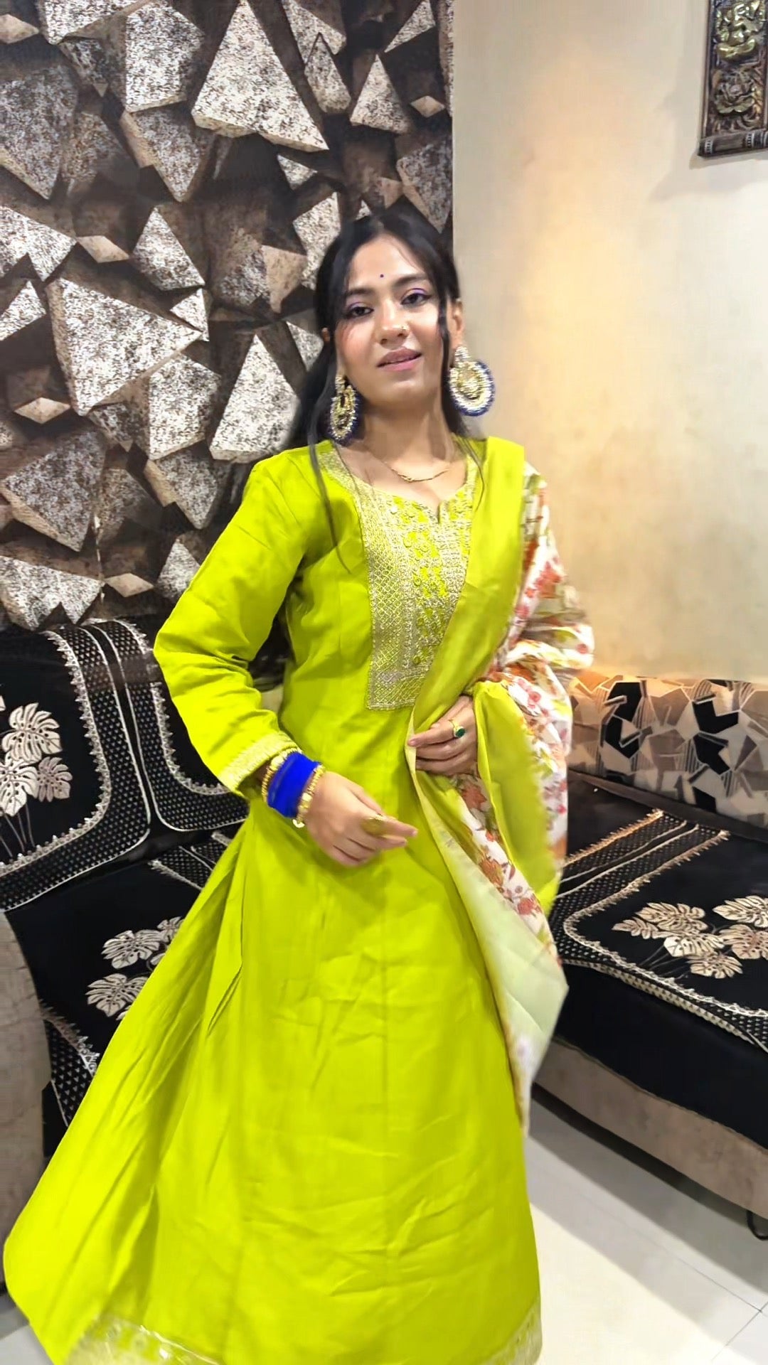 Lime Glow Embroidered Anarkali Set with Floral Dupatta