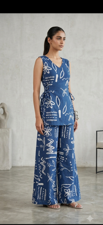 Women's Blue Printed Co-Ord Set | Sleeveless V-Neck Top with Wide Leg Pants | Casual & Summer Wear