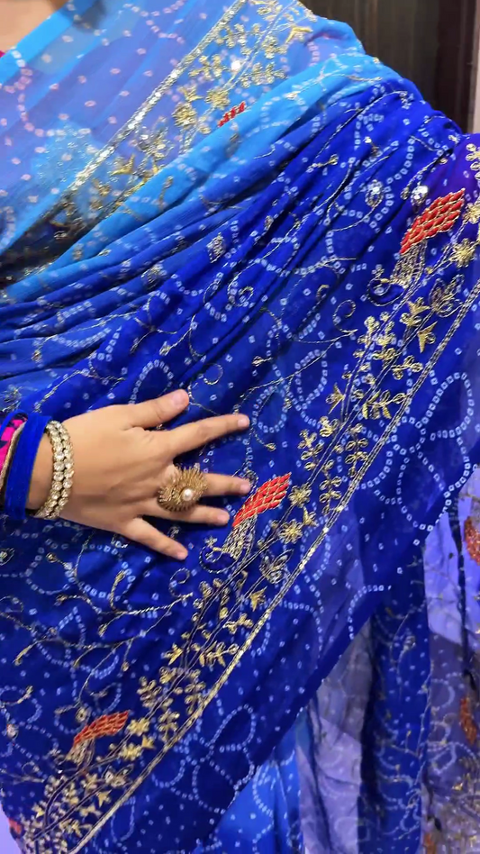 Royal Bandhani Georgette Saree with Golden Embroidery & Contrast Detailing