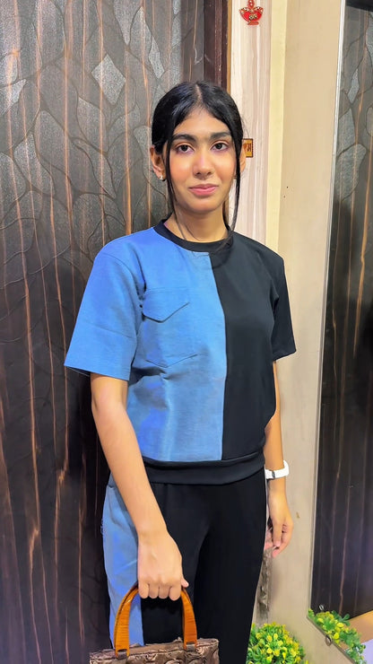 Denim Colorblock Utility Co-ord Set (Top & Pants)