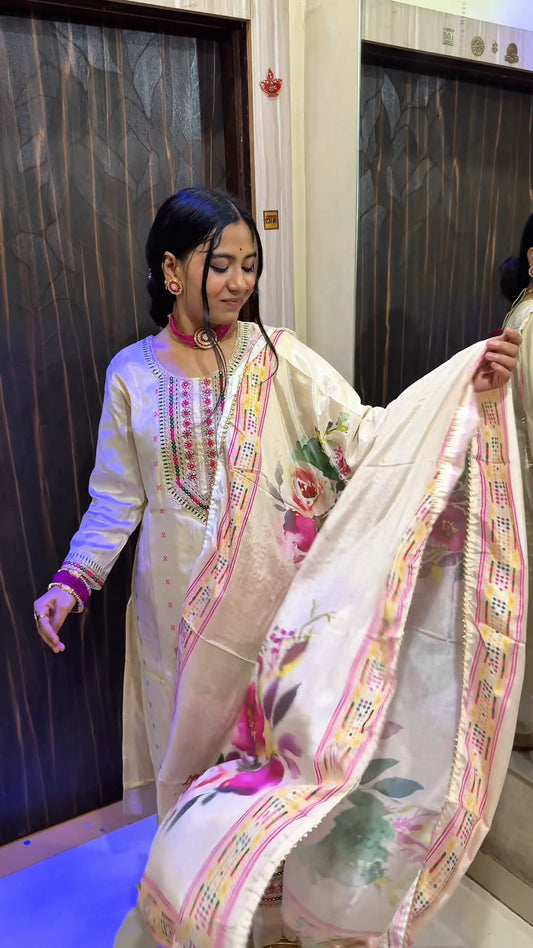 Elegant Cream Ethnic Suit with Multicolor Embroidery & Dupatta