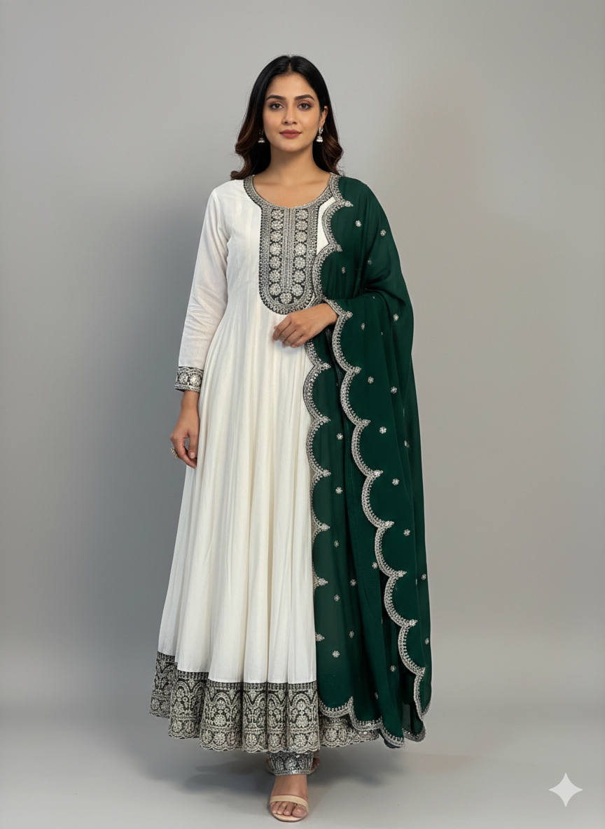 Embroidered Anarkali Suit Set with Scalloped Dupatta