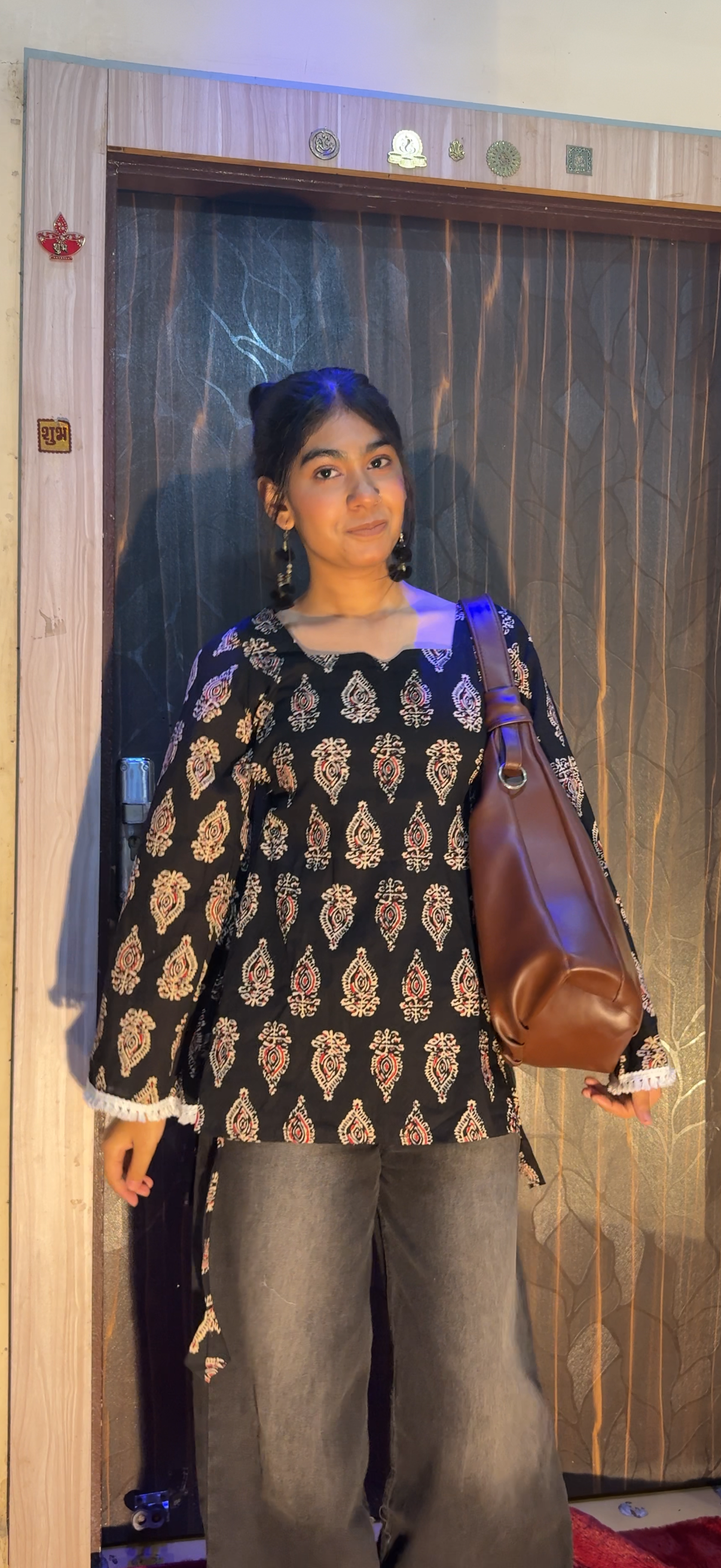 Black Ethnic Motif Cotton Short Kurti with Bell Sleeves & Lace Detail