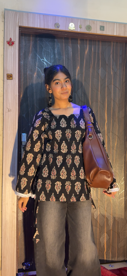 Black Ethnic Motif Cotton Short Kurti with Bell Sleeves & Lace Detail