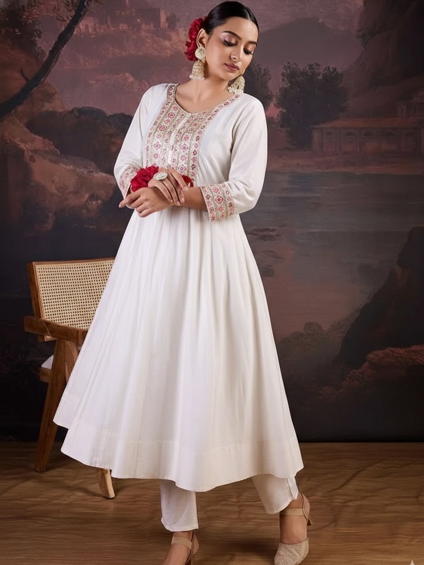 Elegant Off-White Embroidered Anarkali Kurta  for Women | Festive & Ethnic Wear
