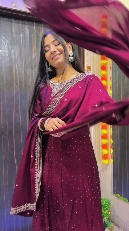 Embellished Maroon Anarkali Suit Set with Dupatta