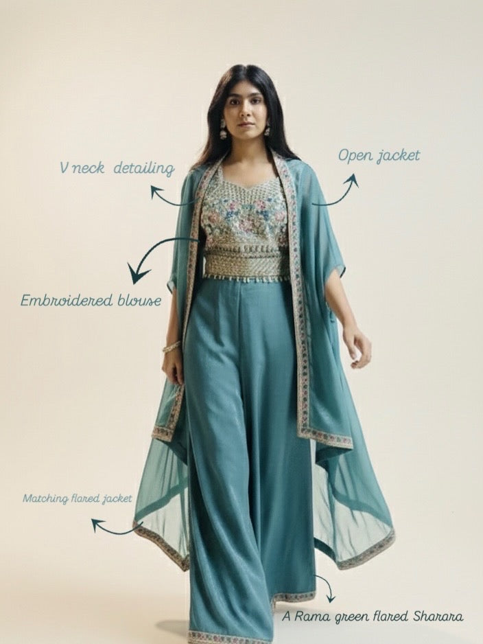 Green  Embroidered Shrara Set with Dupatta | Elegant Festive Wear for Women