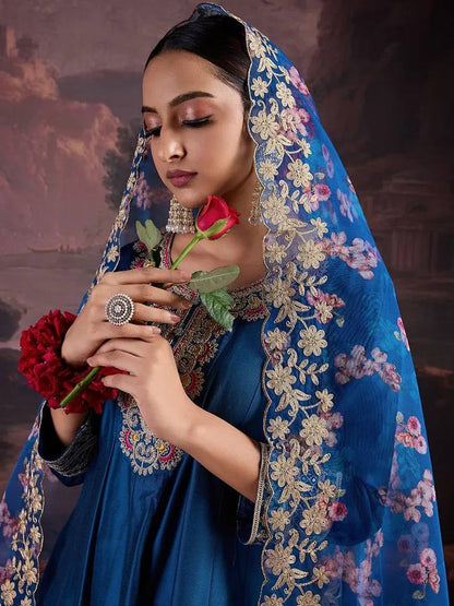 Royal Teal Silk Anarkali Suit with Floral Organza Embroidered Dupatta