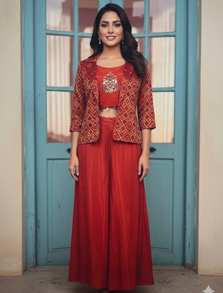 Rust Crimson Embroidered Shrara Set with Geometric Printed Jacket