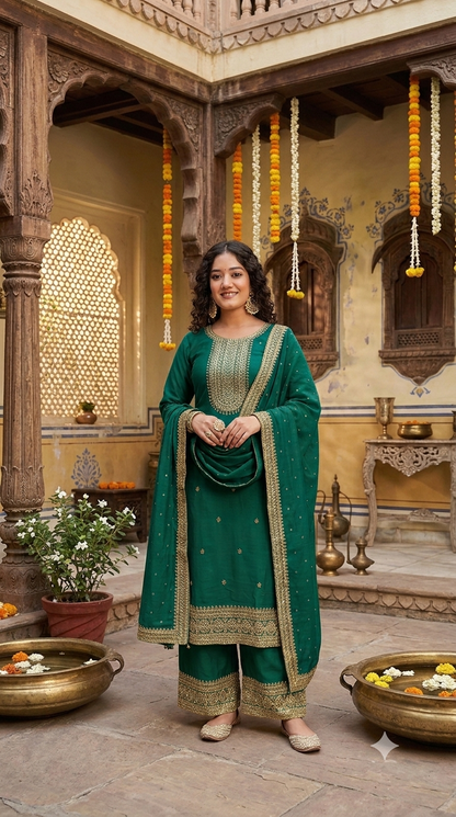 Zarika Mustard Embroidered Kurta Palazzo Set with Dupatta
