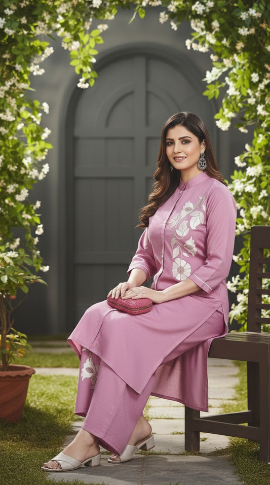 Blush Bloom Embroidered Co-Ord Set for Women