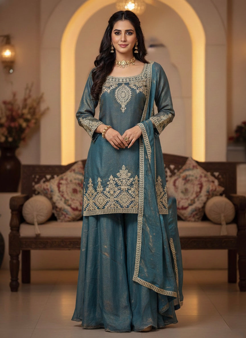 Mauve Silk Embroidered Sharara Suit with Zari Work & Matching Dupatta
