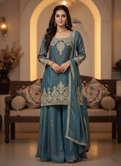 Mauve Silk Embroidered Sharara Suit with Zari Work & Matching Dupatta