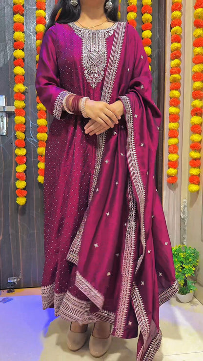 Embellished Maroon Anarkali Suit Set with Dupatta