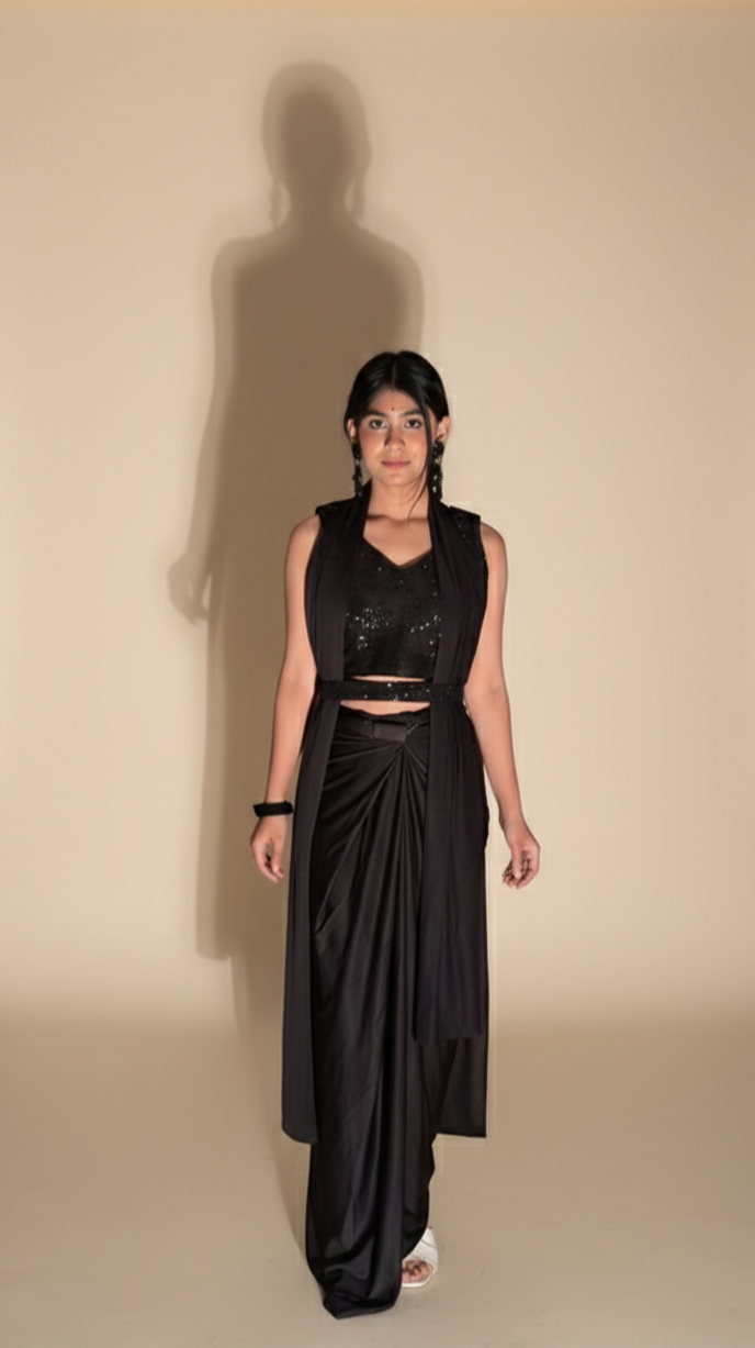 Black Pre-Draped Saree with Sequin Blouse & Jacket Shows – Contemporary Party Wear Saree