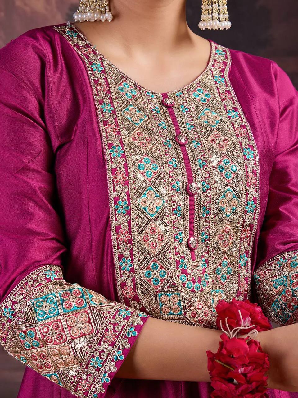 Magenta Silk Anarkali Suit with Gota Patti Embroidery & Floral Organza Dupatta