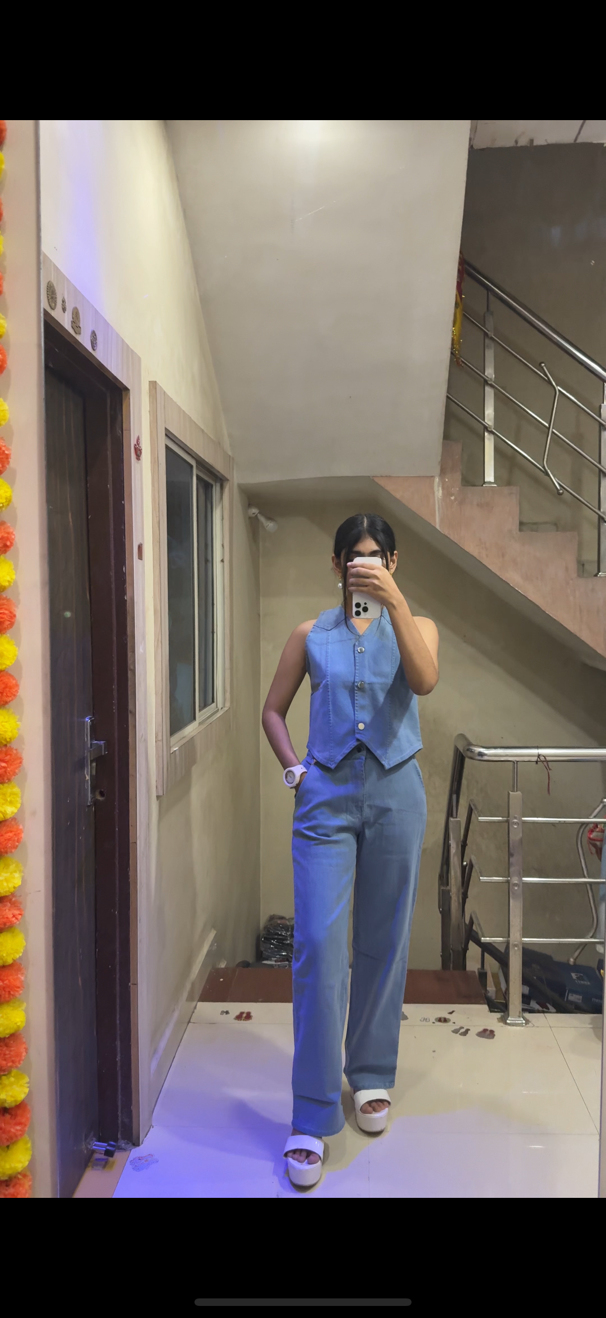 Women’s Light Blue Denim Co-ord Set – Sleeveless Buttoned Vest & Straight-Fit Pants