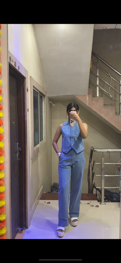 Women’s Light Blue Denim Co-ord Set – Sleeveless Buttoned Vest & Straight-Fit Pants